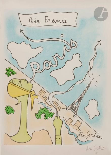 Jean COCTEAU (1889-1963)
Air France. Affiche. Vers 1963. Lithographie. [535 x 750]. Impression en couleurs. Très belle épreuve sur vélin blanc fort, justifiée « E.A » et signée au crayon. Toutes marges. 