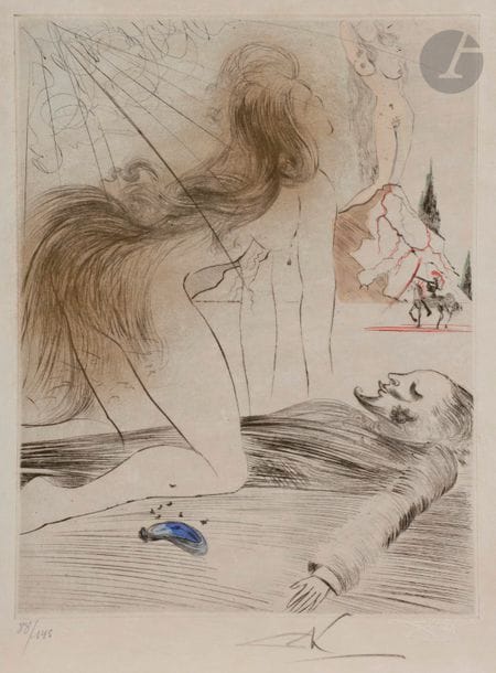 Salvador DALI (1904-1989)
Femme à genoux. (Pl. pour La Vénus à la fourrure, de L. von Sacher-Masoch). 1969. Pointe sèche. 238 x 315. Michler et Löpsinger 361. Belle épreuve du tirage à part à 145 épreuves sur japon, coloriée à l’aquarelle, numérotée et revêtue d’une signature au crayon. Deux restes d’adhésif au verso. Toutes marges. Timbre sec de l’artiste. 