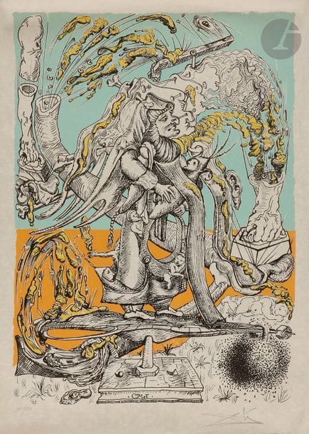 Salvador DALI (1904-1989)
5 pl. (sur 25) de la suite des Songes drolatiques de Pantagruel. 1975. Lithographie. Chaque 650 x 480. Michler et Löpsinger 1401, 1403, 1406, 1419 et 1421. Impression en couleurs. Belles épreuves sur japon nacré, numérotées et signées au crayon. Courts plis de manipulation (les épreuves ayant été roulées). Toutes marges. Tirage à 250 épreuves. 
