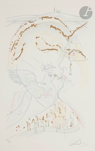 Salvador DALI (1904-1989)
Les Yeux de colombe de l’Épouse ; Les Fruits de la vallée. (Pl. pour le Cantique des cantiques, 1971). Eau-forte et pochoir en couleurs et à l’encre bronze doré. 250 x 400. Michler et Löpsinger 472 et 478. Parfaites épreuves sur vélin blanc, d’un tirage postérieur, revêtues d’un numéro et d’une signature au crayon (apocryphes). Toutes marges. Ens. 2 p.