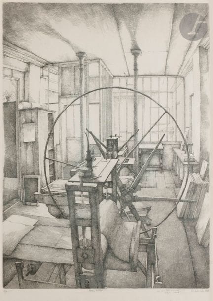 Érik DESMAZIÉRES (né en 1948)
L’Atelier René Tazé. 1979. Eau-forte. 520 x 670. Fitch 40. Très belle épreuve sur vélin, numérotée, titrée, dédicacée, signée et datée au crayon. Court pli souple dans l’angle supérieur gauche du feuillet. Toutes marges. Tirage à 90 épreuves. Cadre. 