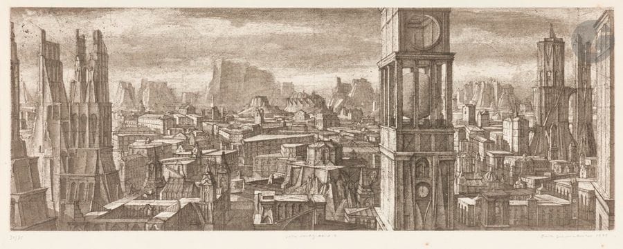 Érik DESMAZIÉRES (né en 1948)
Ville imaginaire II. 1999. Eau-forte et aquatinte. 475 x 178. Fitch 171. Très belle épreuve sur vergé ancien, numérotée, titrée, signée et datée au crayon. Quelques rousseurs inhérentes au papier. Toutes marges. Tirage à 75 épreuves. Timbre sec : A. et A. Bonafous-Murat éditeur, Paris (Lugt 3076).