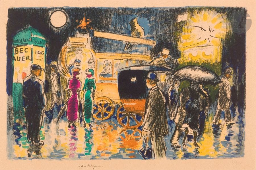 Kees van Dongen (1877-1968) 
Place Pigalle, la nuit. Vers 1950. Lithographie. 425 x 272. Juffermans (2003) L 24. Impression en couleurs. Bonne épreuve sur vélin, collée sur carton, numérotée au crayon. Forte insolation à l’ouverture d’un ancien passe-partout. Toutes marges. Tirage à 290 épreuves. Éd. de la Guilde de la Gravure, Genève. 