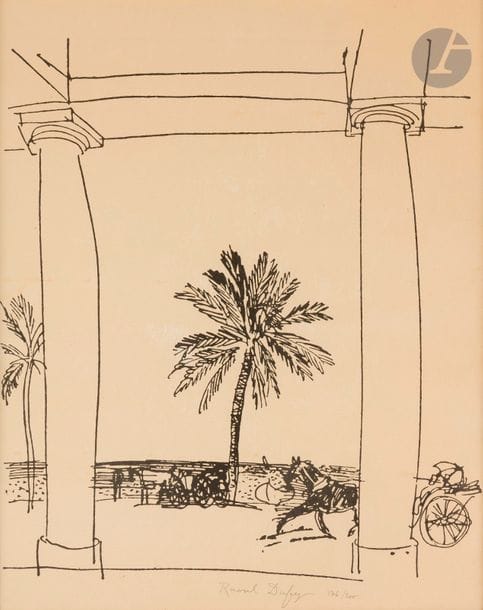 Raoul Dufy (1877-1953) (d’après)
La Terrasse au palmier. Vers 1950. Lithographie. À vue : 405 x 520. Belle épreuve sur vélin, d’un tirage à part à 200 épreuves, signée et numérotée au crayon. Traces de plis horizontaux et petites décolorations en surface. Marges. Cadre. 