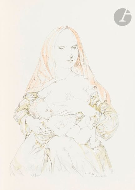 Léonard-Tsuguharu FOUJITA (1886-1968)
Maternité au voile rouge. 1964. Lithographie. 310 x 440. Impression en couleurs. Parfaite épreuve sur vélin blanc, numérotée et signée au stylo-bille bleu. Toutes marges. Tirage à 100 épreuves. Au verso, timbres de la vente Kimiyo Foujita, Cornette de Saint-Cyr, 13 juin 2007.