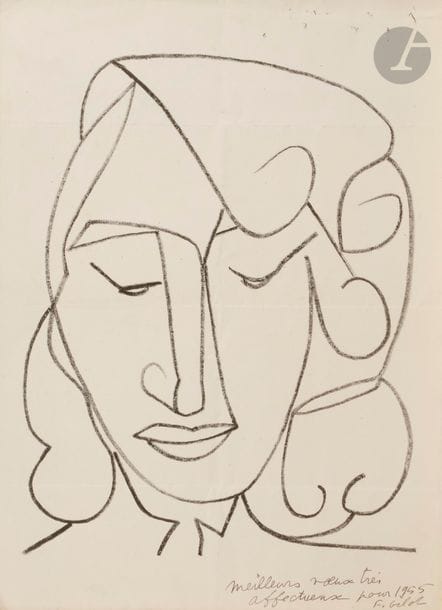 Françoise GILOT (née en 1921)
Tête de femme. (Pl. pour A. Verdet, Pages d’amour, Paris, éd. Raison d’être, 1951). Lithographie. [250 x 335]. Belle épreuve sur vélin, avec plis de messagerie (l’œuvre ayant circulé par la poste), annotée en pied à la plume et à l’encre sépia : « meilleurs vœux très / affectueux pour 1955 / F. Gilot ». Petites décharges provenant de l’encre de cette inscription en tête. Toutes marges. 