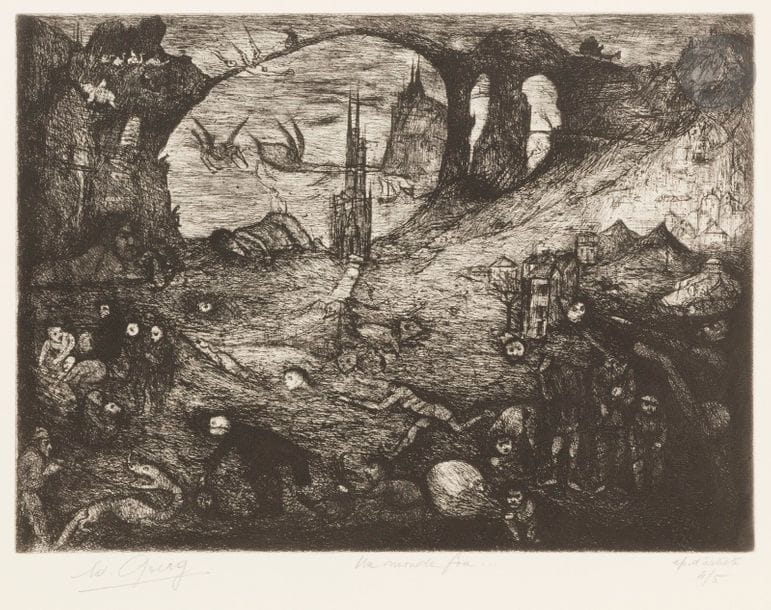 Edouard Goerg (1893-1969)
Un monde fou. 1952. Eau-forte. 315 x 237. I.F.F. 195. Réunion de 3 très fraîches épreuves d’états sur vélin, signées, titrées et justifiées au crayon. Toutes marges. 