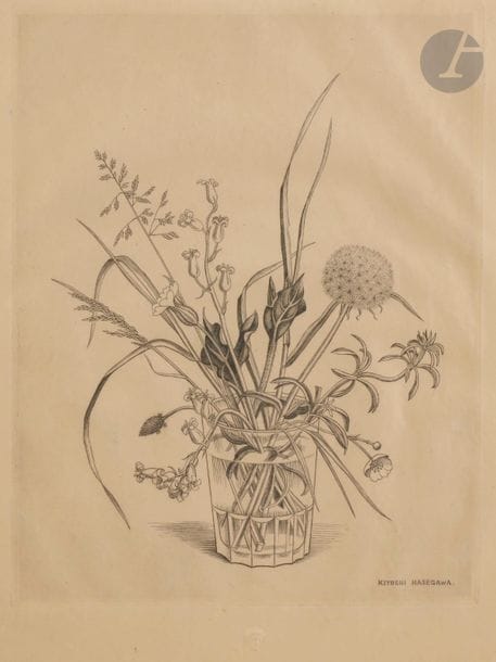 Kiyoshi Hasegawa (1891-1980)
Fleurs des champs dans un verre (printemps). 1951. Burin. 225 x 280. Reifu Syobo 288. Belle épreuve sur vélin beige jaune, du tirage à nombre effectué pour la Chalcographie (timbre sec : Lugt 1695a). Toutes marges. Cadre. 