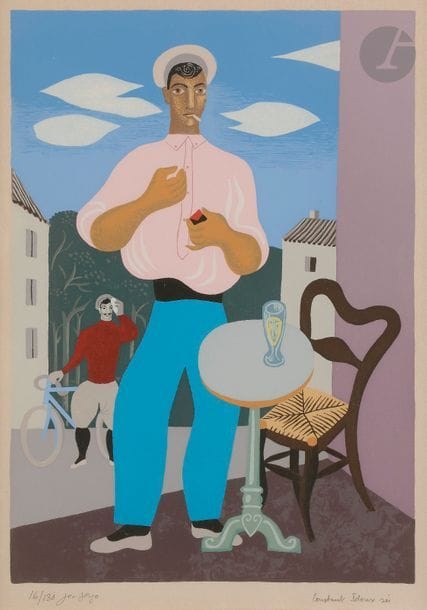 Jean Hugo (1894-1984) (d’après)
La Terrasse du café. Vers 1980. Pochoir en couleurs par Constant Idoux. 265 x 375. Belle épreuve sur vélin, numérotée et signée par Hugo et par le sérigraphe. Légère oxydation sous le passe-partout. Marges. Tirage à 130 épreuves. Cadre. 