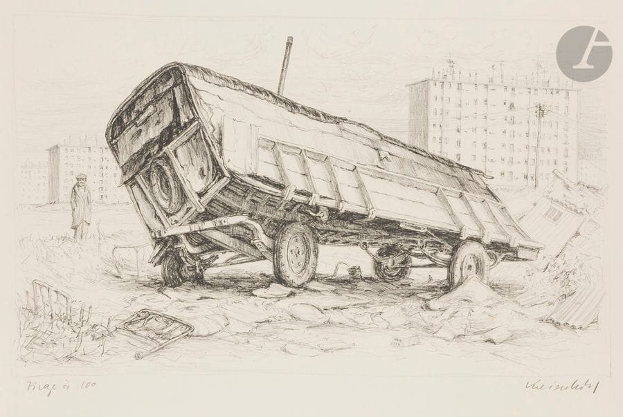 Jürg KREIENBÜHL (1932-2007)
La Roulotte bancale (bidonville de Nanterre). 1977. Lithographie. 635 x 385. Plumart L 77. Très belle épreuve sur vélin blanc, du tirage à 100 épreuves effectué de la seule pierre-clé, sans la pierre de teinte, annotée « Tirage à 100 » et signée au crayon. Toutes marges. 

Provenance : Succession de l’artiste. 