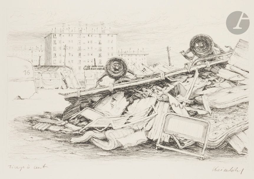 Jürg KREIENBÜHL (1932-2007)
La Roulotte détruite (bidonville de Nanterre). 1977. Lithographie. 615 x 395. Plumart L 78. Très belle épreuve sur vélin blanc, du tirage à 100 épreuves effectué de la seule pierre-clé, sans la pierre de teinte, annotée « Tirage à 100 » et signée au crayon. Toutes marges. 

Provenance : Succession de l’artiste. 