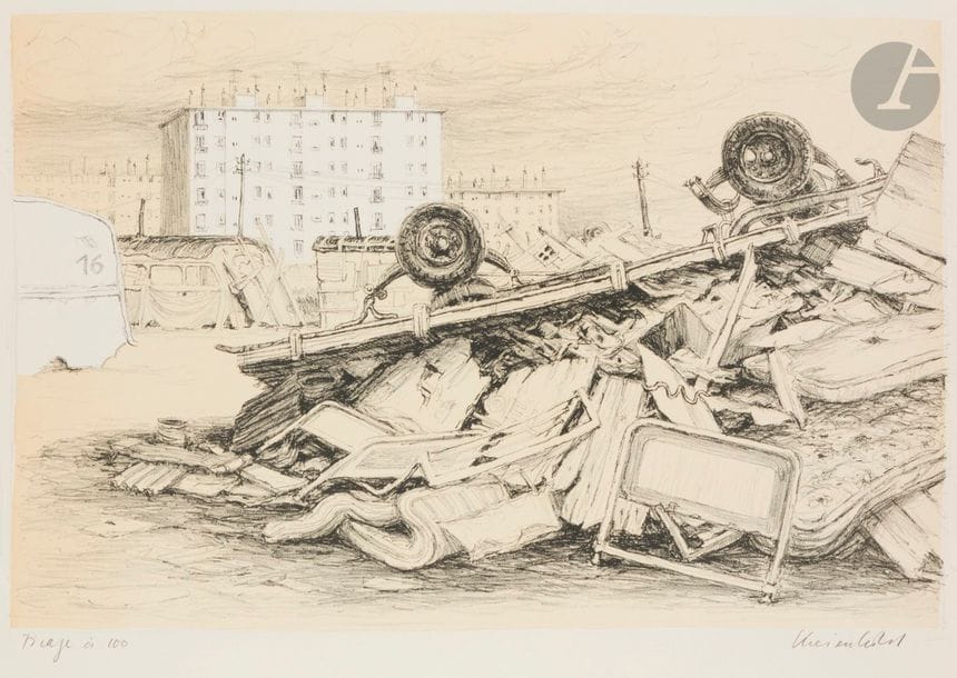 Jürg KREIENBÜHL (1932-2007)
La Roulotte détruite (bidonville de Nanterre). 1977. Lithographie. 615 x 395. Plumart L 78. Très belle épreuve sur vélin blanc, du tirage à 100 épreuves effectué avec la pierre de teinte beige, annotée « Tirage à 100 » et signée au crayon. Toutes marges. 

Provenance : Succession de l’artiste.