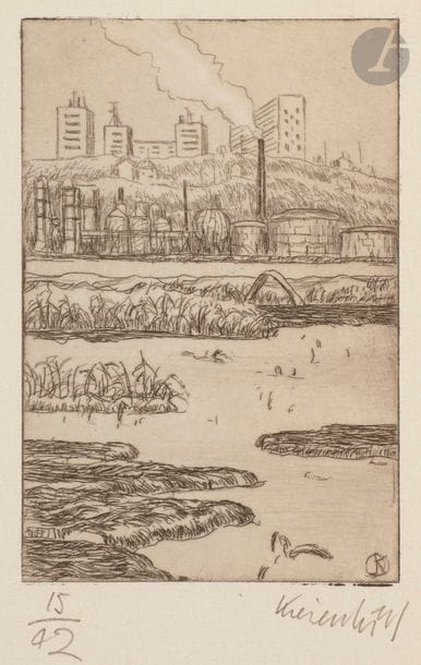 Jürg KREIENBÜHL (1932-2007)
Paysage marécageux (Le Havre). 1978. Eau-forte et pointe sèche sur laiton. 80 x 125. Plumart G 20. Parfaite épreuve sur vélin ivoire, numérotée et signée au crayon. Toutes marges. Tirage (effectué par l’artiste) à 42 épreuves. 

Provenance : Succession de l’artiste.