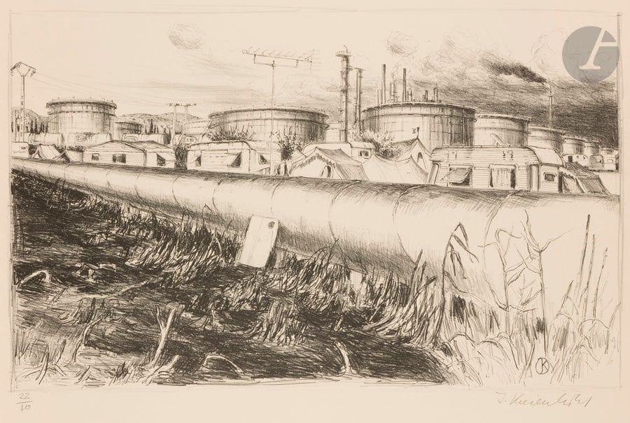 Jürg KREIENBÜHL (1932-2007)
Le Camping des pauvres (Le Havre). 1981. Lithographie. 690 x 425. Plumart L 95. Parfaite épreuve sur vélin ivoire, numérotée et signée au crayon. Toutes marges. Tirage à 40 épreuves. 

Provenance : Succession de l’artiste.