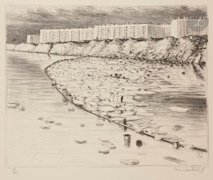 Jürg KREIENBÜHL (1932-2007)
Les H.L.M. (Le Havre). 1981. Lithographie. 500 x 400. Plumart L 97. Parfaite épreuve sur vélin ivoire, numérotée et signée au crayon. Toutes marges. Tirage à 40 épreuves. 

Provenance : Succession de l’artiste.