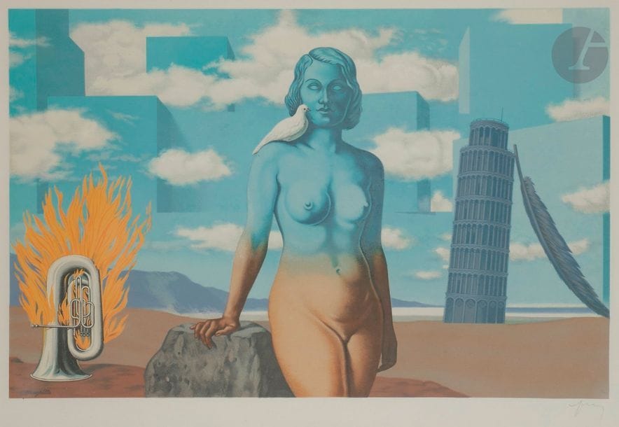 René Magritte (1898-1967) (d’après)
Le Domaine enchanté, pl. X. 1953. Lithographie. 455 x 300. Impression en couleurs. Très belle épreuve sur vélin blanc, signée par l’éditeur au crayon. Toutes marges. Tirage à 350 épreuves. Cadre. 