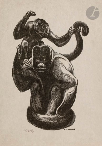 André MARGAT (1903-1999)
Femelle orang-outan et son petit. 1979. Gravure sur bois. [280 x 385]. Réunion de 2 très belles épreuves sur japon vergé, numérotée, signées et datées au stylo-bille. Toutes marges. Tirage à 40 épreuves. 