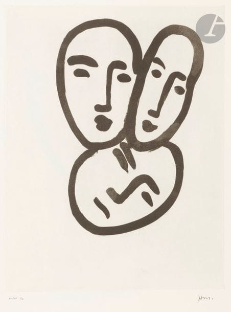 Henri MATISSE (1869-1954)
Trois têtes ; À l’amitié. (Masques d’Apollinaire, Matisse et Rouveyre). 1951-1952. Aquatinte. 348 x 436. Duthuit-Garnaud 825. Très belle et fraîche épreuve sur vélin filigrané « bfk rives », l’une des 6 épreuves d’artiste justifiées au composteur et revêtues du cachet du monogramme de l’artiste. Toutes marges. Tirage total à 33 épreuves. 

 Sujet non retenu pour parution dans le livre d’André Rouveyre, Apollinaire, Paris, éd. Raisons d’Être, 1952.
