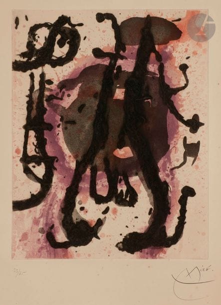 Joan MIRO (1893-1983)
Sumo. 1968. Aquatinte et carborundum. 370 x 475. Dupin 459. Impression en couleurs. Très belle épreuve sur vélin, numérotée et signée au crayon. Légère oxydation du feuillet et petites ondulations le long des bords. Rousseurs claires. Plis cassés obliques dans l’angle inférieur gauche du feuillet. Toutes marges. Tirage à 75 épreuves. Maeght éd., Paris. 