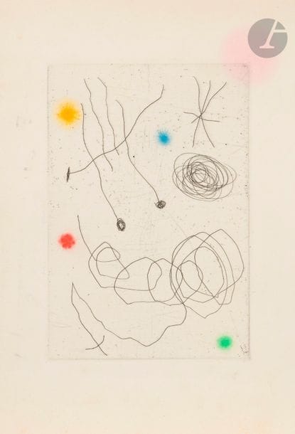 Joan MIRO (1893-1983)
La Chouette et l’escargot. Carte de vœux pour la galerie Aimé Maeght, pour l’année 1964. Pointe sèche et aquatinte. 185 x 265. Dupin 388. Impression en couleurs. Belle épreuve sur vélin remplié, avec texte imprimé, gravure en illustration sur le 1er plat. Légères salissures.