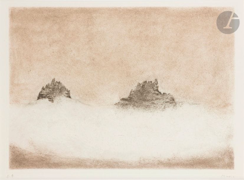Zoran MUSIC (1909-2005)
Dolomites. 1975. Eau-forte et aquatinte. 490 x 360. Frélaut 254. Impression en couleurs. Très belle épreuve sur vélin blanc, justifiée « E.A. » et signée au crayon. Toutes marges. Éd. des Amis du Musée d’Art Moderne de la Ville de Paris. Cadre. 