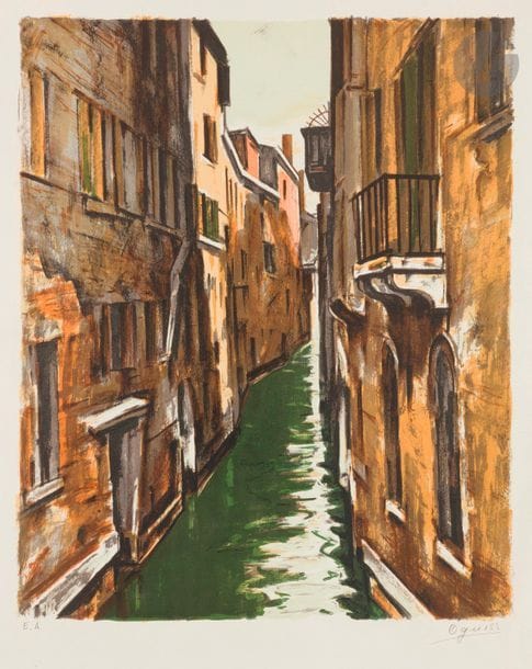 Takanori OGUISS (1901-1986)
Rio di San Cassiano (Venise). 1973. Lithographie. 455 x 550. Impression en couleurs. Très belle épreuve sur vélin, justifiée « E.A. » et signée au crayon. Longs plis souples obliques en marge droite, certains frottés. Toutes marges. Tirage définitif à 175 épreuves. 