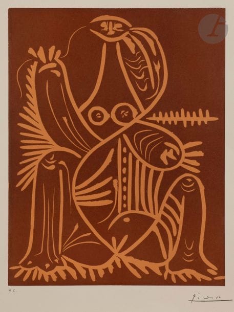 Pablo Picasso (1881-1973)
Femme assise en pyjama de plage, II. (Pl. pour Diurnes). 1961. Linogravure. 300 x 390. Bloch 1062 ; Baer 1276 ; Cramer 115. Impression en deux tons (brun et saumon). Très belle et fraîche épreuve sur vélin crème filigrané « Arches », revêtue d’une justification « H.C. » et signée au crayon. Toutes marges. Tirage à 100 épreuves. 

 Cette linogravure accompagne les 100 exemplaires de tête de l’ouvrage Diurnes. Découpages et Photographies, de Pablo Picasso, J. Prévert et A. Villers, Paris, Berggruen, 1962. 