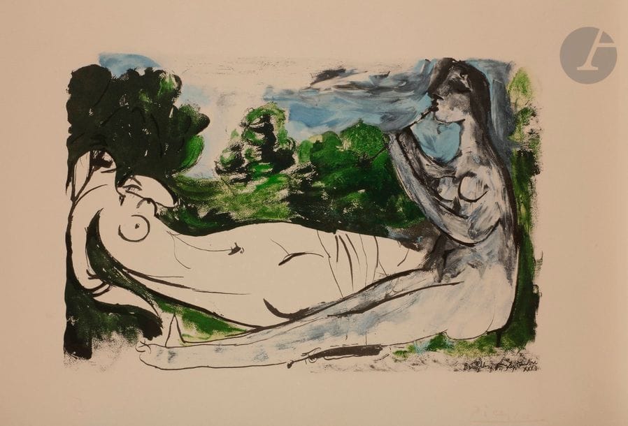 PABLO PICASSO (1881-1973) (D’APRÈS)
Femme nue et joueuse de flûte. 1967-1975. Lithographie (procédé Jacomet) d’après un dessin à l’encre de Chine et gouache de 1932. [620 x 470]. Impression en couleurs. Très belle épreuve sur vélin crème, légèrement oxydée. Toutes marges. Étiquette de l’éditeur au verso. Timbre sec sous le sujet à gauche : Euro Art.