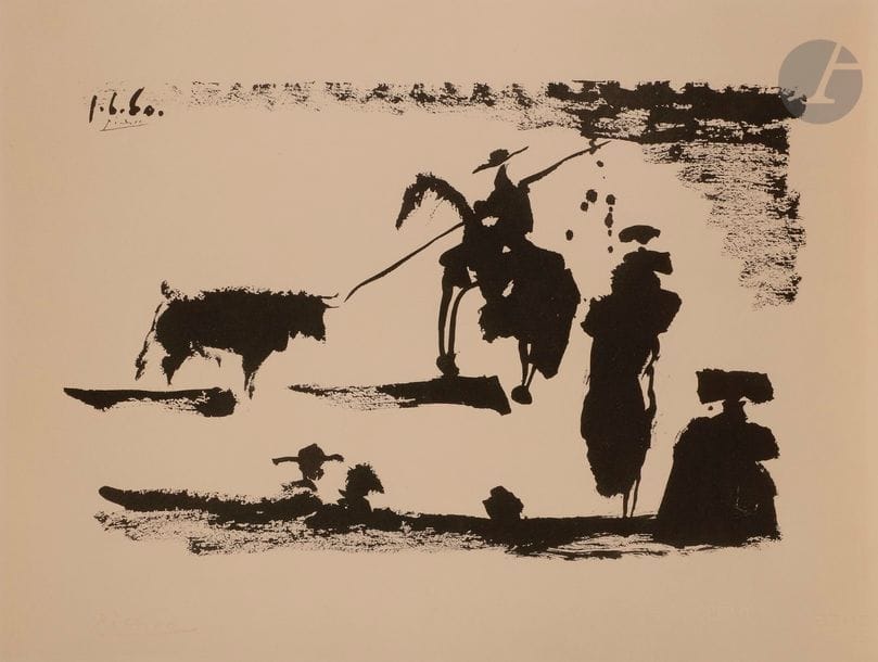 PABLO PICASSO (1881-1973) (D’APRÈS)
Corrida, avant la pique. 1967-1975. Lithographie (procédé Jacomet) d’après un dessin à l’encre de Chine. [620 x 470]. Très belle épreuve sur vélin crème, légèrement oxydée. Toutes marges. Étiquette de l’éditeur au verso. Timbre sec sous le sujet à droite : Euro Art.
