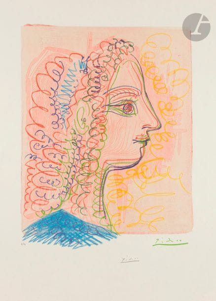 PABLO PICASSO (1881-1973) (D’APRÈS)
Femme de profil. 1970. Lithographie d’après un dessin de l’artiste. 390 x 500. Impression en couleurs. Très belle épreuve sur vélin blanc, numérotée à l’encre par une main étrangère et signée au crayon par Picasso. En pied mention imprimée : « … imprimeries réunies Lausanne… » et au verso timbre : « Reproduction avec signature authentique de / Pablo Picasso (tirage 70 ex.) / 15.1.1971 Musée des Arts décoratifs Lausanne ». Petit trou au bord droit. Toutes marges. 