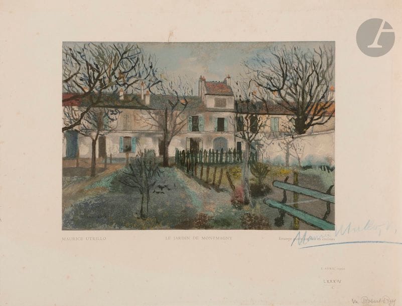 Maurice Utrillo (1883-1955) (d’après)
Le Jardin de Montmagny. (Pl. pour l’album Estampes édité par R. Rey). 1950. Gravure sur bois. 307 x 212. Impression en couleurs. Belle épreuve sur vélin, avec mentions typographiées sous le sujet, signée en travers au crayon bleu par Utrillo, numérotée au crayon en chiffres romains puis visé par l’éditeur. Traces de frottement en surface. Rousseurs claires. Fine trace d’oxydation aux bords du feuillet. Toutes marges. Tirage à 100 épreuves.