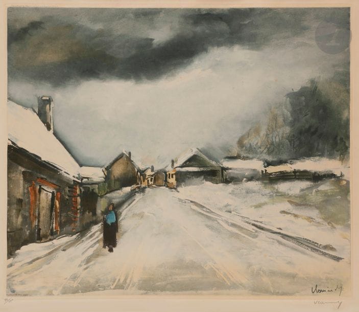 MAURICE DE VLAMINCK (1876-1958) (D’APRÈS)
Rue de village sous la neige avec figure. 1955. Aquatinte. 540 x 450. Impression en couleurs. Belle épreuve sur vélin, numérotée et signée au crayon. Légère insolation à l’ouverture du passe-partout. Petites rousseurs et traces de colle au verso. Toutes marges. Tirage à 100 épreuves. C. Guillard éd. 