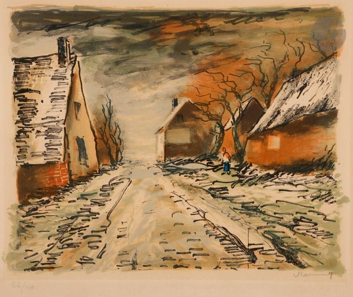 MAURICE DE VLAMINCK (1876-1958) (D’APRÈS)
Rue de village sous la neige. Vers 1958. Lithographie. 500 x 400. Impression en couleurs. Belle épreuve sur vélin, numérotée et signée au crayon, doublée sur carton. Légère oxydation du feuillet. Toutes marges. 