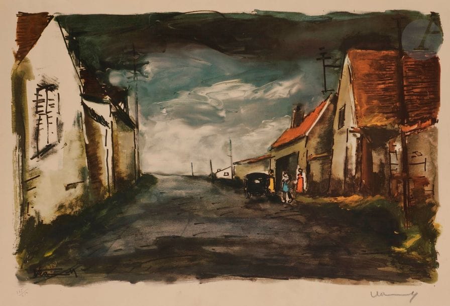 MAURICE DE VLAMINCK (1876-1958) (D’APRÈS)
Rue de village avec voiture et deux figures. Vers 1958. Tirage offset. 530 x 335. Impression en couleurs. Belle épreuve sur vélin, numérotée et signée au crayon. Trace d’oxydation et menus accidents au bord supérieur du feuillet. Toutes marges. 