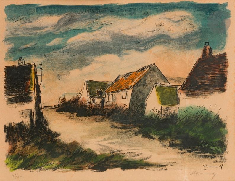 MAURICE DE VLAMINCK (1876-1958) (D’APRÈS)
Rue de village avec toit rouge. Vers 1958. Lithographie. 465 x 350. Impression en couleurs. Belle épreuve sur vélin, numérotée et signée au crayon, fortement insolée. Marges. Tirage à 200 épreuves. Cadre. 