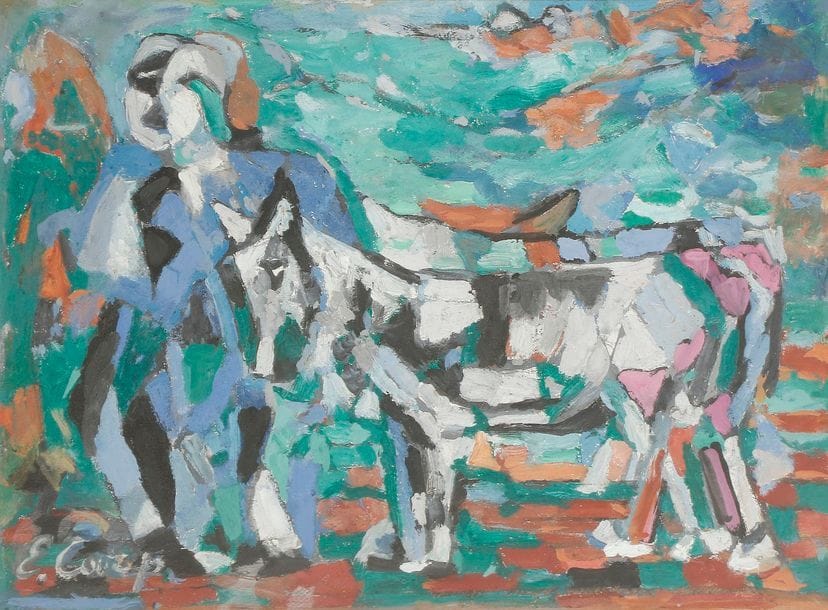 Esther CARP (1897-1970) 
Homme et son âne 
Huile sur papier. 
Signée en bas à gauche. 
21 x 29 cm

Née à Varsovie, Esther Carp est issue d’une famille de musiciens. Elle étudie la peinture à Vienne et s’installe à Paris en 1925. Elle y découvre alors la collection Nissim de Camondo et s’enthousiasme devant les tableaux d’Alfred Sisley et de Paul Cézanne. En 1931, le marchand Léopold Zborowski lui organise une exposition. Elle expose également aux Salons des Artistes Indépendants, d’Automne et des Tuileries ainsi qu’à celui de l’Union des Femmes Françaises et au Salon de mai en 1949. 
Souffrant de crises de paranoïa, elle est internée pour la première fois en 1941 et passe le reste de la guerre en hôpital psychiatrique. Elle connait des épisodes similaires jusqu’à la fin de sa vie.
« Le travail d’Esther Carp ne peut être placé aisément dans aucune catégorie existante de l’École de Paris. Née en Pologne, elle a vécu en France et a assimilé certaines techniques du futurisme italien ainsi que des éléments de composition dérivés du cubisme français dans ses œuvres presque abstraites, elle atteint un objectif complètement différent en décomposant les couleurs en taches analogues de celles du pointillisme, suggérant ainsi le mouvement ou encore la stéréoscopie ». (Georges Waldemar, The School of Paris in « Jewish art : an illustrated history », Mcgraw-hill, New York, 1961. p. 692.

Mots clés : 
 judaïca, juif, juive, hébreux, rabbins, jewish, torah, hebrew, hebraica, judaisme, synagogue, sionisme, pessah, pessach, haggada, haggadah, hagada, hagadah, passover, menora, menorah, hannuka, hannuca, hannoucca, hanouccah, torah, juden, israélite, Israël, antisemitism, antisémitisme, dreyfus, meguila, sepharade, sefarad, ketouba