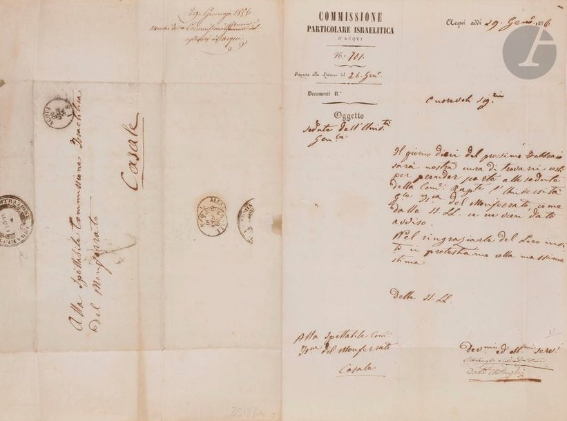 Donato et Salavador OTTOLENGHI
Lettre signée sur papier à en-tête de la Commission Particolare Israelitica d’Acqui et adressée à la Commissione Israelitica Del Monferrato 
Une page in-folio pliée portant des cachets de poste.

Mots clés : 
 judaïca, juif, juive, hébreux, rabbins, jewish, torah, hebrew, hebraica, judaisme, synagogue, sionisme, pessah, pessach, haggada, haggadah, hagada, hagadah, passover, menora, menorah, hannuka, hannuca, hannoucca, hanouccah, torah, juden, israélite, Israël, antisemitism, antisémitisme, dreyfus, meguila, sepharade, sefarad, ketouba