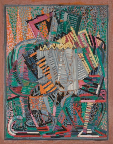 Esther CARP (1897-1970) 
Accordéonistes 
Huile sur carton. 
Signée en bas à gauche. 
41 x 33 cm

Née à Varsovie, Esther Carp est issue d’une famille de musiciens. Elle étudie la peinture à Vienne et s’installe à Paris en 1925. Elle y découvre alors la collection Nissim de Camondo et s’enthousiasme devant les tableaux d’Alfred Sisley et de Paul Cézanne. En 1931, le marchand Léopold Zborowski lui organise une exposition. Elle expose également aux Salons des Artistes Indépendants, d’Automne et des Tuileries ainsi qu’à celui de l’Union des Femmes Françaises et au Salon de mai en 1949. 
Souffrant de crises de paranoïa, elle est internée pour la première fois en 1941 et passe le reste de la guerre en hôpital psychiatrique. Elle connait des épisodes similaires jusqu’à la fin de sa vie.
« Le travail d’Esther Carp ne peut être placé aisément dans aucune catégorie existante de l’École de Paris. Née en Pologne, elle a vécu en France et a assimilé certaines techniques du futurisme italien ainsi que des éléments de composition dérivés du cubisme français dans ses œuvres presque abstraites, elle atteint un objectif complètement différent en décomposant les couleurs en taches analogues de celles du pointillisme, suggérant ainsi le mouvement ou encore la stéréoscopie ». (Georges Waldemar, The School of Paris in « Jewish art : an illustrated history », Mcgraw-hill, New York, 1961. p. 692.

Mots clés : 
 judaïca, juif, juive, hébreux, rabbins, jewish, torah, hebrew, hebraica, judaisme, synagogue, sionisme, pessah, pessach, haggada, haggadah, hagada, hagadah, passover, menora, menorah, hannuka, hannuca, hannoucca, hanouccah, torah, juden, israélite, Israël, antisemitism, antisémitisme, dreyfus, meguila, sepharade, sefarad, ketouba
