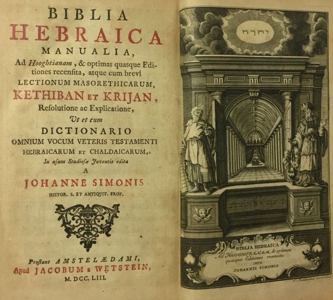[BIBLE] 
Biblia Hebraica manualia, ad Hooghtianam, & optimas quasque editiones recensita, atque cum brevi lectionum Masorethicarum, Kethiban et Krijan, resolutione ac explicatione, ut et cum dictionario omnium vocum Veteris Testamenti Hebraicarum et Chaldaicarum, in usum studiosae juventis edita / a Johanne Simonis, Amsterdam, chez Wetstein, 1753. 
Ouvrage in-8. 
Reliure moderne demi-cuir, dos à 5 nerfs, pièce de titre en maroquin rouge.

Mots clés : 
 judaïca, juif, juive, hébreux, rabbins, jewish, torah, hebrew, hebraica, judaisme, synagogue, sionisme, pessah, pessach, haggada, haggadah, hagada, hagadah, passover, menora, menorah, hannuka, hannuca, hannoucca, hanouccah, torah, juden, israélite, Israël, antisemitism, antisémitisme, dreyfus, meguila, sepharade, sefarad, ketouba
