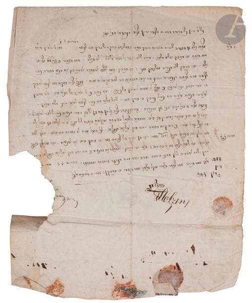 [COUTUMES JUIVES DE FRANCFORT] 
Rabbin Joseph JOSPE, Noheg Ke-Tson Yossef [Hanovre, 1718]. Texte en hébreu 
Ouvrage in-4, reliure demi-toile, page de titre et feuillets d’introduction absents, 1-85 feuillets Livre en hébreu. 
Petit manque angulaire avec perte de quelques lettres. 

Provenance : 
Rabbin Lauer. 

 Une page manuscrite en fin d’ouvrage traite de l’obligation de s’attacher à Dieu. 
Cet important ouvrage reprend les lois et usages spécifiques de la Communauté juive de Francfort.

Mots clés : 
 judaïca, juif, juive, hébreux, rabbins, jewish, torah, hebrew, hebraica, judaisme, synagogue, sionisme, pessah, pessach, haggada, haggadah, hagada, hagadah, passover, menora, menorah, hannuka, hannuca, hannoucca, hanouccah, torah, juden, israélite, Israël, antisemitism, antisémitisme, dreyfus, meguila, sepharade, sefarad, ketouba