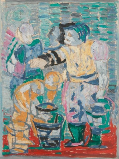 Esther CARP (1897-1970) 
Au jardin 
Huile sur papier. 
32 x 24 cm

Née à Varsovie, Esther Carp est issue d’une famille de musiciens. Elle étudie la peinture à Vienne et s’installe à Paris en 1925. Elle y découvre alors la collection Nissim de Camondo et s’enthousiasme devant les tableaux d’Alfred Sisley et de Paul Cézanne. En 1931, le marchand Léopold Zborowski lui organise une exposition. Elle expose également aux Salons des Artistes Indépendants, d’Automne et des Tuileries ainsi qu’à celui de l’Union des Femmes Françaises et au Salon de mai en 1949. 
Souffrant de crises de paranoïa, elle est internée pour la première fois en 1941 et passe le reste de la guerre en hôpital psychiatrique. Elle connait des épisodes similaires jusqu’à la fin de sa vie.
« Le travail d’Esther Carp ne peut être placé aisément dans aucune catégorie existante de l’École de Paris. Née en Pologne, elle a vécu en France et a assimilé certaines techniques du futurisme italien ainsi que des éléments de composition dérivés du cubisme français dans ses œuvres presque abstraites, elle atteint un objectif complètement différent en décomposant les couleurs en taches analogues de celles du pointillisme, suggérant ainsi le mouvement ou encore la stéréoscopie ». (Georges Waldemar, The School of Paris in « Jewish art : an illustrated history », Mcgraw-hill, New York, 1961. p. 692.

Mots clés : 
 judaïca, juif, juive, hébreux, rabbins, jewish, torah, hebrew, hebraica, judaisme, synagogue, sionisme, pessah, pessach, haggada, haggadah, hagada, hagadah, passover, menora, menorah, hannuka, hannuca, hannoucca, hanouccah, torah, juden, israélite, Israël, antisemitism, antisémitisme, dreyfus, meguila, sepharade, sefarad, ketouba