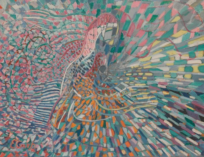 Esther CARP (1897-1970) 
La Pianiste 
Huile sur carton. 
Signée en bas à gauche. 
46 x 61 cm

Née à Varsovie, Esther Carp est issue d’une famille de musiciens. Elle étudie la peinture à Vienne et s’installe à Paris en 1925. Elle y découvre alors la collection Nissim de Camondo et s’enthousiasme devant les tableaux d’Alfred Sisley et de Paul Cézanne. En 1931, le marchand Léopold Zborowski lui organise une exposition. Elle expose également aux Salons des Artistes Indépendants, d’Automne et des Tuileries ainsi qu’à celui de l’Union des Femmes Françaises et au Salon de mai en 1949. 
Souffrant de crises de paranoïa, elle est internée pour la première fois en 1941 et passe le reste de la guerre en hôpital psychiatrique. Elle connait des épisodes similaires jusqu’à la fin de sa vie.
« Le travail d’Esther Carp ne peut être placé aisément dans aucune catégorie existante de l’École de Paris. Née en Pologne, elle a vécu en France et a assimilé certaines techniques du futurisme italien ainsi que des éléments de composition dérivés du cubisme français dans ses œuvres presque abstraites, elle atteint un objectif complètement différent en décomposant les couleurs en taches analogues de celles du pointillisme, suggérant ainsi le mouvement ou encore la stéréoscopie ». (Georges Waldemar, The School of Paris in « Jewish art : an illustrated history », Mcgraw-hill, New York, 1961. p. 692.

Mots clés : 
 judaïca, juif, juive, hébreux, rabbins, jewish, torah, hebrew, hebraica, judaisme, synagogue, sionisme, pessah, pessach, haggada, haggadah, hagada, hagadah, passover, menora, menorah, hannuka, hannuca, hannoucca, hanouccah, torah, juden, israélite, Israël, antisemitism, antisémitisme, dreyfus, meguila, sepharade, sefarad, ketouba