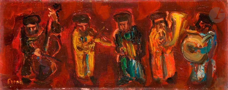 Isaac FRENKEL dit FRENEL (1899-1981) 
Klezmer 
Huile sur toile. 
Signée en bas à gauche. 
19,5 x 47,5 cm

Mots clés : 
 judaïca, juif, juive, hébreux, rabbins, jewish, torah, hebrew, hebraica, judaisme, synagogue, sionisme, pessah, pessach, haggada, haggadah, hagada, hagadah, passover, menora, menorah, hannuka, hannuca, hannoucca, hanouccah, torah, juden, israélite, Israël, antisemitism, antisémitisme, dreyfus, meguila, sepharade, sefarad, ketouba