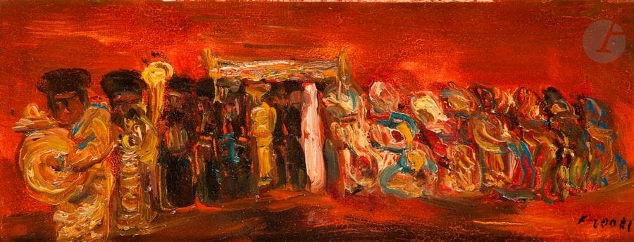 Isaac FRENKEL dit FRENEL (1899-1981) 
Scène de mariage 
Huile sur toile. 
Signée en bas à droite. 
19,5 x 47,5 cm

Mots clés : 
 judaïca, juif, juive, hébreux, rabbins, jewish, torah, hebrew, hebraica, judaisme, synagogue, sionisme, pessah, pessach, haggada, haggadah, hagada, hagadah, passover, menora, menorah, hannuka, hannuca, hannoucca, hanouccah, torah, juden, israélite, Israël, antisemitism, antisémitisme, dreyfus, meguila, sepharade, sefarad, ketouba