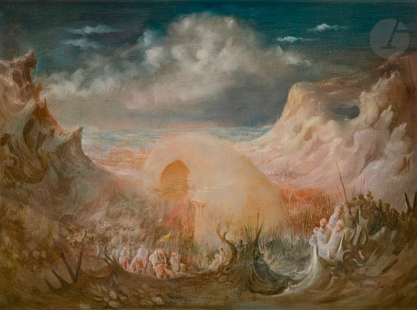 Roman LAZAREV (né en 1938) 
Moïse guidant le peuple juif 
Huile sur toile. 
Signée en bas à droite. 
45 x 60 cm

Mots clés : 
 judaïca, juif, juive, hébreux, rabbins, jewish, torah, hebrew, hebraica, judaisme, synagogue, sionisme, pessah, pessach, haggada, haggadah, hagada, hagadah, passover, menora, menorah, hannuka, hannuca, hannoucca, hanouccah, torah, juden, israélite, Israël, antisemitism, antisémitisme, dreyfus, meguila, sepharade, sefarad, ketouba