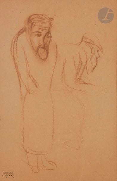 Issachar Beer RYBACK (1897-1935) 
Deux juifs 
Sanguine. 
Porte le timbre de l’atelier en bas à gauche.
39,5 x 25,5 cm

Mots clés : 
 judaïca, juif, juive, hébreux, rabbins, jewish, torah, hebrew, hebraica, judaisme, synagogue, sionisme, pessah, pessach, haggada, haggadah, hagada, hagadah, passover, menora, menorah, hannuka, hannuca, hannoucca, hanouccah, torah, juden, israélite, Israël, antisemitism, antisémitisme, dreyfus, meguila, sepharade, sefarad, ketouba