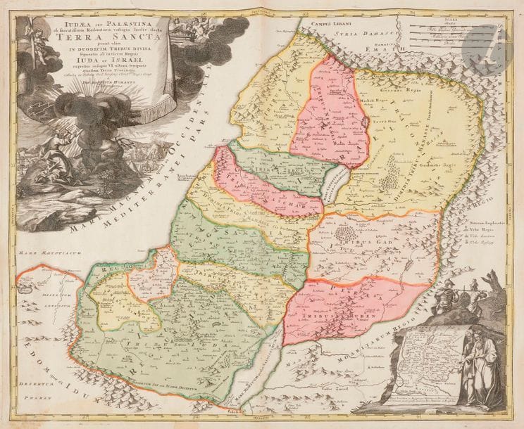 [TERRE SAINTE] 
Johann Baptista HOMANN (1664-1724) 
Carte de la Terre Sainte et du découpage en 12 tribus. 
Judæa seu Palæstina. 
Gravure sur cuivre aquarellée. 
50 x 57,5 cm 
Pli central et déchirures en marges.

Mots clés : 
 judaïca, juif, juive, hébreux, rabbins, jewish, torah, hebrew, hebraica, judaisme, synagogue, sionisme, pessah, pessach, haggada, haggadah, hagada, hagadah, passover, menora, menorah, hannuka, hannuca, hannoucca, hanouccah, torah, juden, israélite, Israël, antisemitism, antisémitisme, dreyfus, meguila, sepharade, sefarad, ketouba