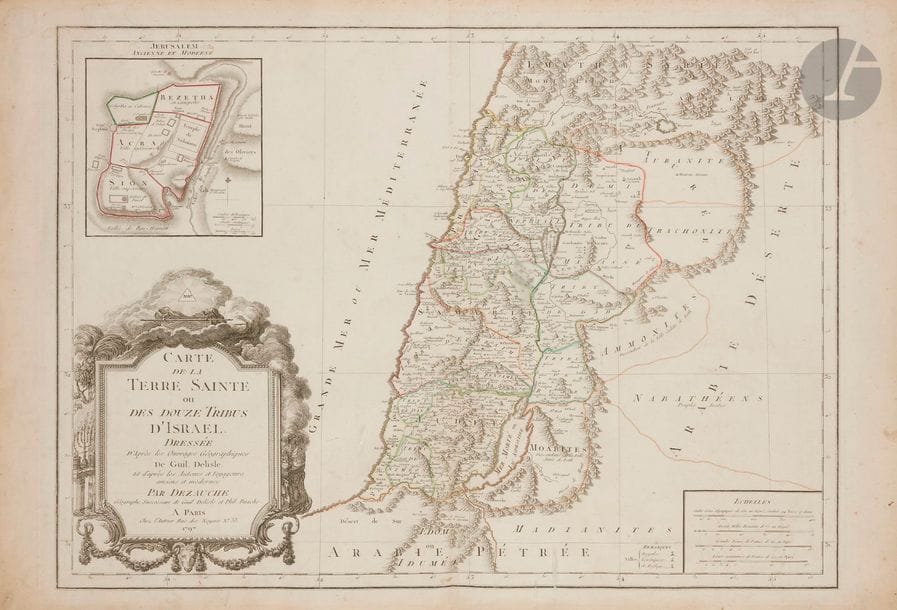 [TERRE SAINTE] 
Carte de la Terre Sainte ou des douze tribus d’Israël dressée d’après les ouvrages géographiques de Guil. Delisle et d’après les auteurs et voyageurs anciens et modernes. 
Dezauche, géographe successeur de Guil. Delisle et Phil. Buache, Paris, 1797. 
Gravure sur cuivre. 
50 x 65 cm au bassin, 55 x 76 cm pour la feuille. 
Rousseurs, plis. Étudiée non décadrée.

Mots clés : 
 judaïca, juif, juive, hébreux, rabbins, jewish, torah, hebrew, hebraica, judaisme, synagogue, sionisme, pessah, pessach, haggada, haggadah, hagada, hagadah, passover, menora, menorah, hannuka, hannuca, hannoucca, hanouccah, torah, juden, israélite, Israël, antisemitism, antisémitisme, dreyfus, meguila, sepharade, sefarad, ketouba