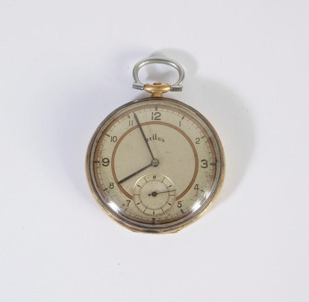 TELLUS Montre de poche en or 14K (585) et métal, cadran émaillé et fond gravé. Poids brut : 63,8 g
