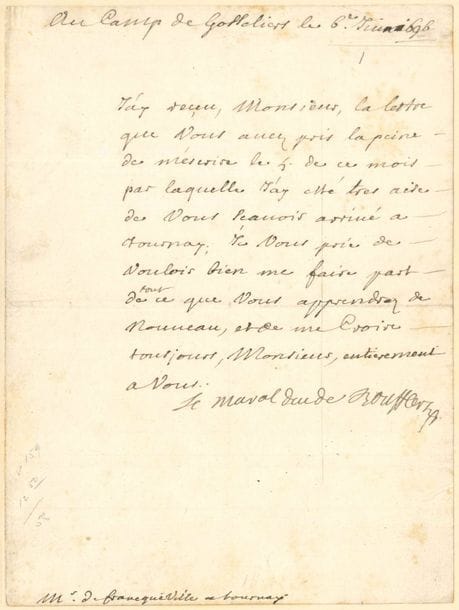 ANCIEN REGIME. 5 LS ou PS dont 1 LAS, XVIIe-XVIIIe siècle

Louis-François maréchal duc de Boufflers (du camp de Gosseliers, 1696), Michel Le Tellier (1685, aux magistrats d’Ypres), Charles-Anne-Sigismond de Montmorency duc d’Olonne (las au capitaine de La Vernette, à propos d’une dette d’honneur, camp de Bouchout 1746), René d’Argenson marquis de Paulmy (1757, au marquis de Bouville) ; plus un procès-verbal de mainlevée (1784)
